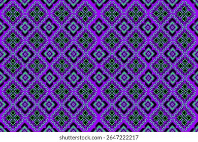 Ein lebendiges geometrisches Muster im Pixelstil mit symmetrischen Diamantformen, gefüllt mit komplexen quadratischen Motiven. Das Design kombiniert violette, grüne und schwarze Farbtöne zu einem kühlen, futuristischen Stil