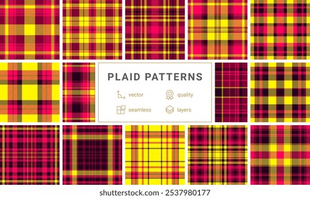 Una vibrante colección a cuadros con cuadros inspirados en el gingham y motivos celtas, ideal para estampados de telas y textiles en colores de moda.