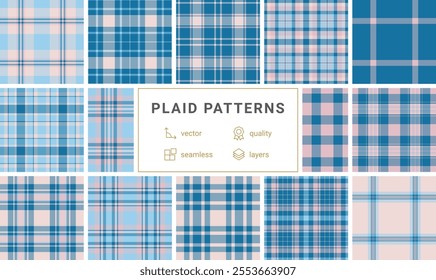 A vibrant plaid collection with gingham-inspired checks and celtic motifs, great for fabric and textile prints in fashionable colors.