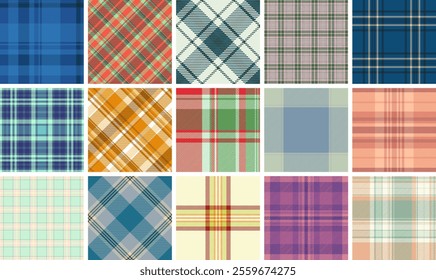 A vibrant plaid collection with gingham-inspired checks and celtic motifs, great for fabric and textile prints in fashionable colors.