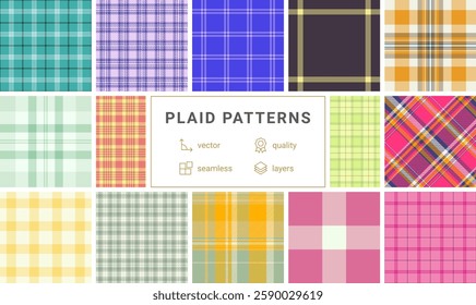 A vibrant plaid collection with gingham-inspired checks and celtic motifs, great for fabric and textile prints in fashionable colors.