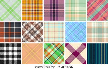 A vibrant plaid collection with gingham-inspired checks and celtic motifs, great for fabric and textile prints in fashionable colors.