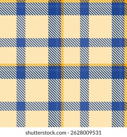 Vibrant plaid pattern in blue, yellow, and cream.  Perfect for textile design, website backgrounds, or fashion projects. This cheerful, geometric design evokes feelings of warmth and style.