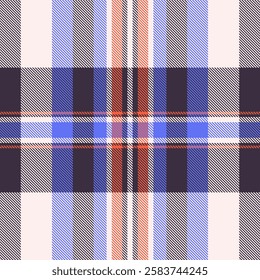 Vibrant plaid pattern in blues, oranges, and neutrals. Perfect for textile design, fashion, and home decor projects.  This seamless texture evokes a feeling of warmth and style.