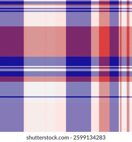 Vibrant plaid pattern in coral, purple, and navy blue on a white background.  Ideal for textile design, fashion, websites, and branding.