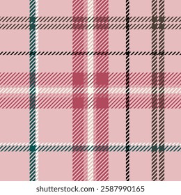 A vibrant plaid pattern featuring a mix of pink, red, and white, with darker accents of brown and teal.