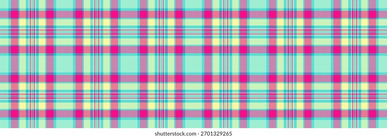 Vibrant plaid pattern featuring shades of pink, yellow, and teal. Useful for backgrounds, textiles, design projects, and adding a retro, cheerful touch.