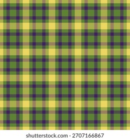 Vibrant plaid pattern in green, gold, and purple. Perfect for backgrounds, textiles, and designs needing a classic, colorful, and textured aesthetic. Seamless repeat.