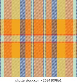 Vibrant plaid pattern with interlacing stripes in orange, blue, and yellow. Ideal for textile design, backgrounds, or adding a colorful, textured feel.