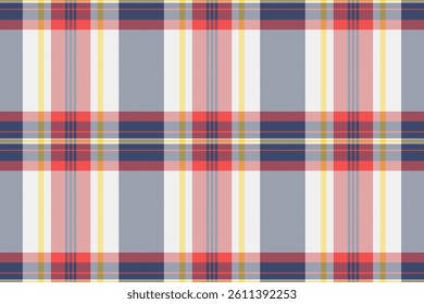 Vibrant plaid pattern with intersecting lines of red, blue, and yellow on a light background. Ideal for backgrounds, textiles, or design elements.