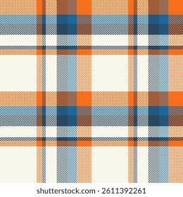 Vibrant plaid pattern in orange, blue, and brown hues on a creamy white background.  Perfect for textile design, website backgrounds, or fashion projects.