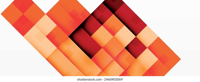 A vibrant plaid pattern of orange squares on a white background, with hints of magenta and electric blue. Geometric shapes like rectangles and circles create symmetry in this colorful design