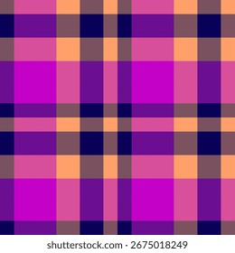 Patrón de cuadros vibrantes en rosa, púrpura, naranja y azul marino. Un diseño textil colorido y sin costuras adecuado para fondos, ropa o proyectos de arte digital.