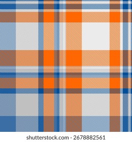 Patrón de cuadros vibrantes en tonos de naranja, azul y gris. Clásico y versátil, ideal para fondos, textiles o Elementos de diseño. Úsalo para una sensación cálida y acogedora.