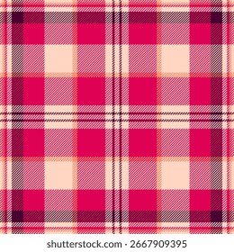 Vibrant plaid pattern in shades of pink and beige. Perfect for backgrounds, textiles, fashion design, or adding a cozy, traditional feel to any project.