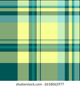 Patrón de cuadros vibrantes en tonos de verde azulado, verde y amarillo. Diseño textil para moda, fondos o proyectos gráficos que requieran un tartán fresco y moderno.