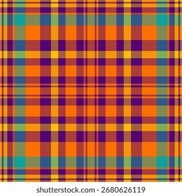 Vibrant plaid pattern with striking orange, purple, yellow, green, and blue. A dynamic, versatile textile design suitable for backgrounds, apparel, and festive themes.