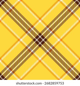 Patrón de cuadros vibrantes con una base amarilla soleada, acentuado por cálidas rayas marrones, naranjas y blancas. Diseño textil clásico adecuado para fondos, moda y artesanías.