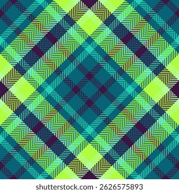 Vibrant plaid pattern. Teal, green, and purple hues create a modern tartan texture. Ideal for backgrounds, textiles, or fashion design. Seamless and eyecatching