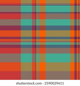 Vibrant plaid pattern in teal, orange, and muted tones.  Ideal for textile design, fashion, home decor, and website backgrounds.  This bold, geometric texture evokes a sense of warmth and style.