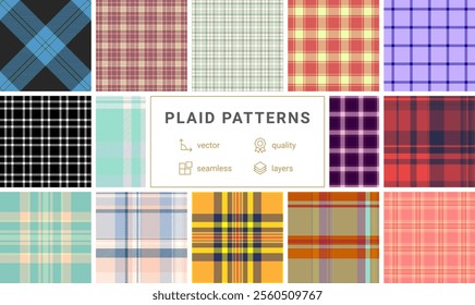 Vibrant plaid patterns with checks and stripes, perfect for trendy textile prints, wallpaper, or fashionable shirt designs.