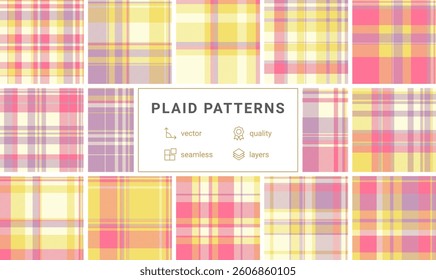 Vibrant plaid patterns with checks and stripes, perfect for trendy textile prints, wallpaper, or fashionable shirt designs.