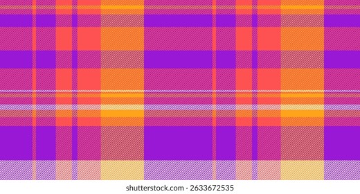 Vibrant plaid textile pattern in bold orange, purple, and pastel tones.  Perfect for fashion, home decor, or web design projects needing a cheerful, energetic aesthetic.