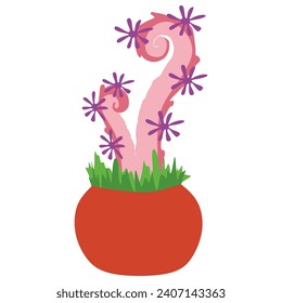 Ilustración vibrante de la planta. Gráfica de flores monstruosas de fantasía vectorial. Objeto liso o caricaturizado de la botella Alien Botany en maceta de flores con depredadores y Flor en ella. Colores vibrantes Magia Flora aislada en blanco.