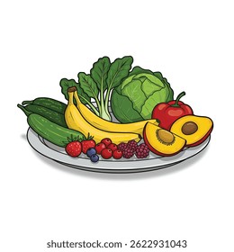 Vibrant plate showcasing a colorful assortment of fresh fruits and vegetables arranged neatly on white background