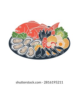 A vibrant platter showcasing a variety of fresh seafood including oysters mussels scallops and whole fish garnished with lemon and lettuce