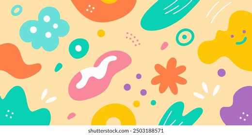 A vibrant and playful abstract background with colorful shapes, perfect for adding a fun and cheerful touch to your projects. This whimsical pattern is ideal for kids' designs, social media graphics.