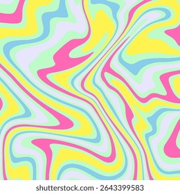 A vibrant and playful abstract background featuring a psychedelic, liquid swirl pattern. The design uses flowing, curved lines in pastel shades of pink, yellow, light blue, and mint green