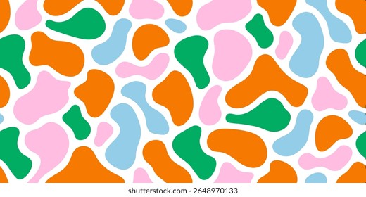 A vibrant and playful abstract background featuring organic, blob-like shapes in bright orange, pastel pink, light blue, and emerald green, set against a clean white backdrop.