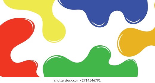 A vibrant and playful abstract background featuring multiple colorful, glossy, irregular blob shapes in red, yellow, green, blue, and orange, resembling paint splatters or liquid drops on a clean white surface.