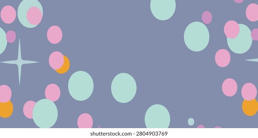 A vibrant and playful abstract background featuring an array of scattered circles in various sizes and pastel colors like mint green, pink, and orange, set against a soft purple-grey backdrop. Interspersed throughout the design are subtle star-like glimmers, adding a touch of sparkle and whimsy to the overall composition. Ideal for festive, celebratory, or decorative purposes.