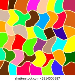 Vibrant and playful abstract background featuring a distorted grid of colorful wavy mosaic patches framed by off-white flowing outlines. Packed with bright colors like yellow, red, blue, green, and pink.