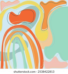 A vibrant and playful abstract composition featuring organic shapes and a rainbow arc. Perfect for modern and contemporary design projects.