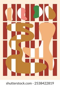 Vibrant and playful abstract composition featuring organic shapes set against a bold striped background. Perfect for modern and contemporary design projects.