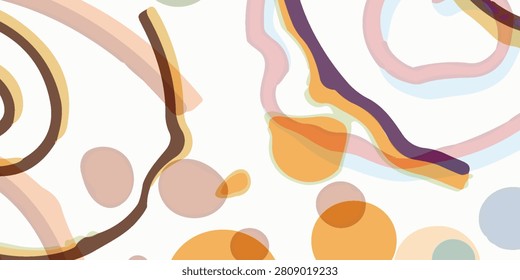 A vibrant and playful abstract composition featuring a variety of organic shapes and flowing lines in warm, earthy tones, set against a clean white background.