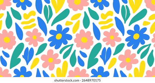 A vibrant and playful abstract floral pattern featuring stylized flowers and leaves in bright pink, blue, yellow, and teal against a clean white background. The design has a modern, organic feel.