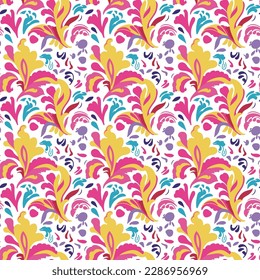 Vibrant and playful abstract floral Pucci pattern in pink, yellow, purple, blue, and red on white. A perfect addition to fashion and home decor.