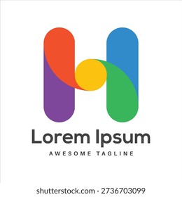 A vibrant and playful abstract logo featuring the letter H constructed from colorful, rounded shapes and a central yellow circle.