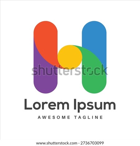 A vibrant and playful abstract logo featuring the letter H constructed from colorful, rounded shapes and a central yellow circle.