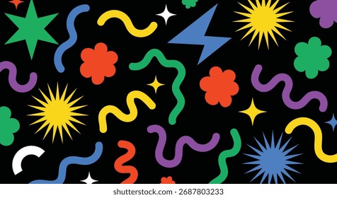 Vibrant and playful abstract pattern with colorful geometric shapes and squiggly lines on a, evoking a sense of fun and energy