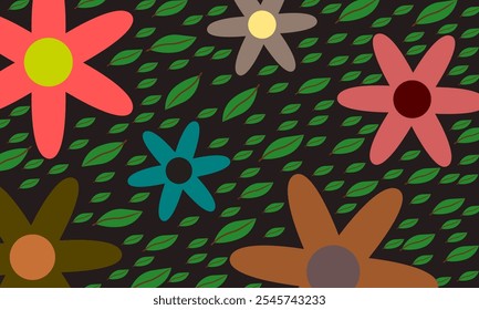 A vibrant and playful abstract pattern featuring colorful stylized flowers and green leaves on a dark background. The flowers come in various colors such as pink, blue, brown, and beige