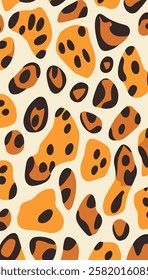 A vibrant and playful abstract pattern featuring various shapes and spots in shades of orange and brown, reminiscent of a leopard's fur. 