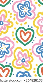A vibrant and playful abstract pattern featuring bold, rounded shapes in pink, blue, yellow, and green, interspersed with small dots and hearts on a white background.