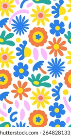 A vibrant and playful abstract pattern featuring colorful, stylized flowers and organic shapes in a retro, groovy aesthetic. Perfect for whimsical designs and cheerful backgrounds.