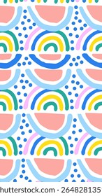 A vibrant and playful abstract pattern featuring colorful curved shapes, dots, and organic forms in a repeating, seamless design. Perfect for backgrounds and modern graphic applications.