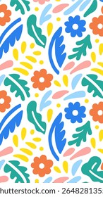 A vibrant and playful abstract pattern featuring stylized flowers, leaves, and organic shapes in a cheerful color palette of orange, blue, teal, yellow, and pink on a white background.